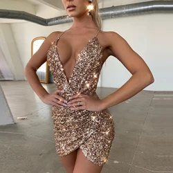 Summer party wear Mini dresses for women Deep V-neck Suspender Backless Irregular sequins dress nightclub sexy dress
