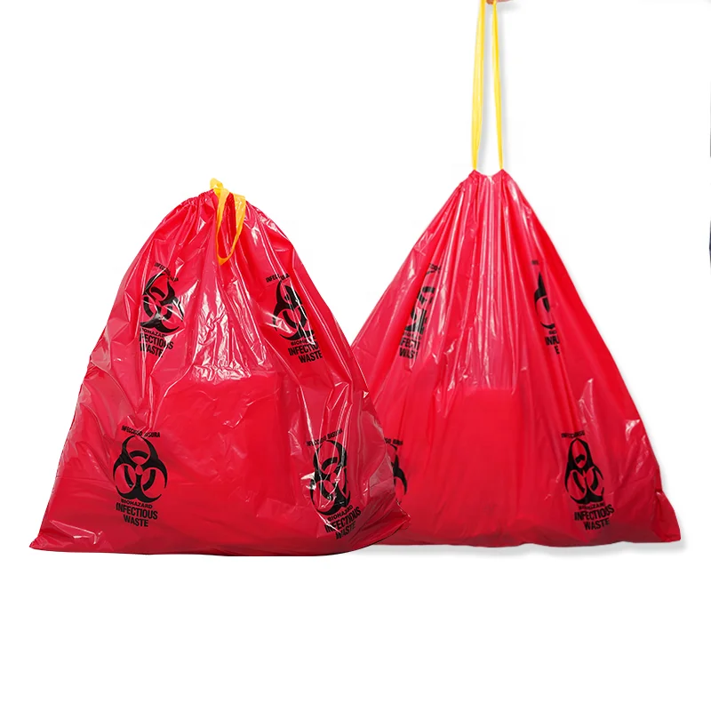 Yellow Plastic Medical Waste Disposal Bag Drawstring Biohazard Medical Garbage Bags With String Tie