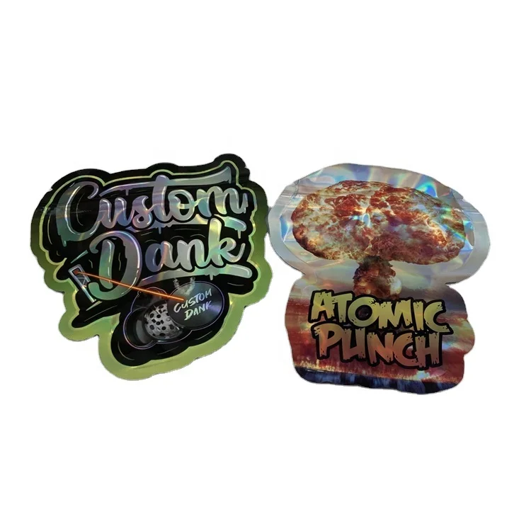 Free sample digital printing 3.5g smell proof die cut bags special shape round shape 7g 28g mylar bags