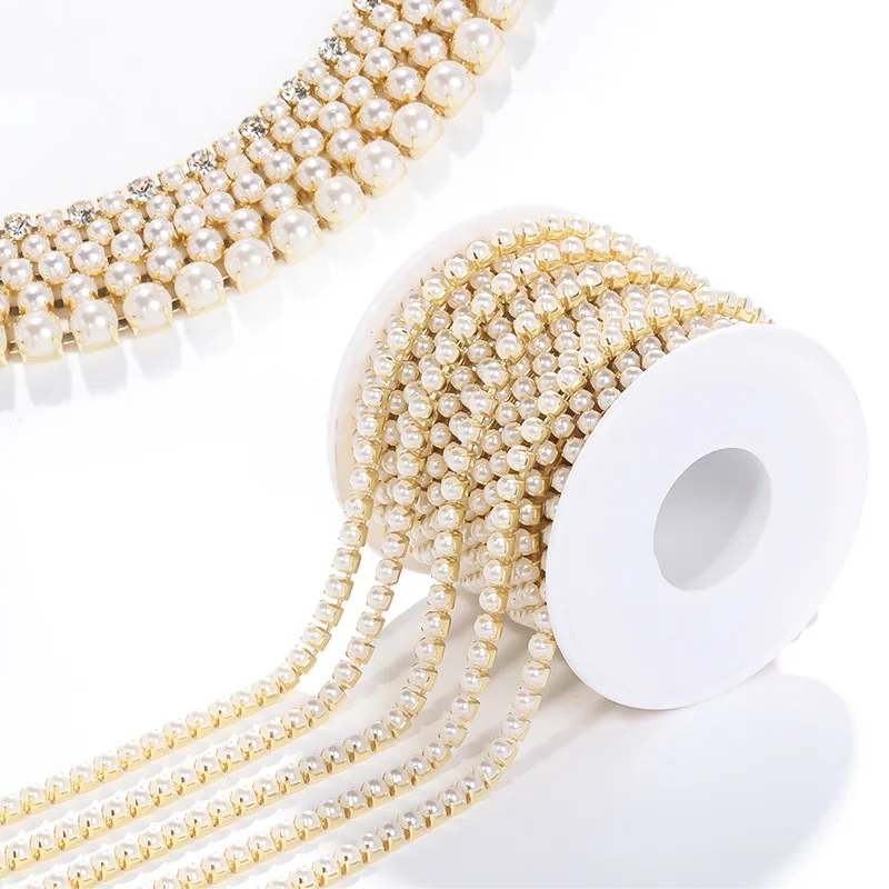 Wholesale Pearl Diamond Cup Chain Silver Gold Copper Crystal Rhinestone Cup Chain Roll for Sewing Crafts DIY  Dress Accessories