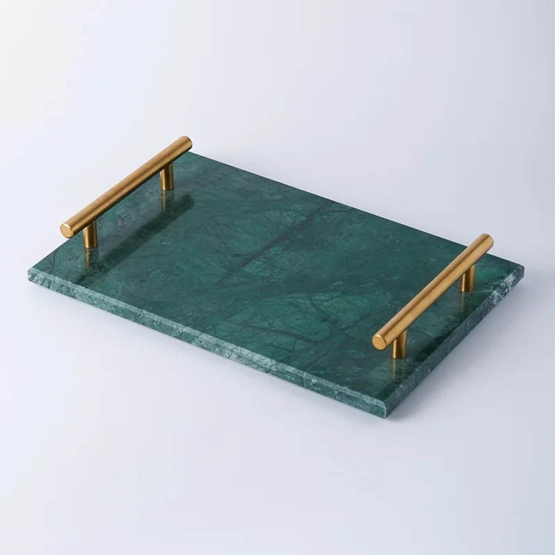 In Stock Hot Selling Rectangular Small Green Grey Hotel Indoor Table Marble Trays With Metal Handle