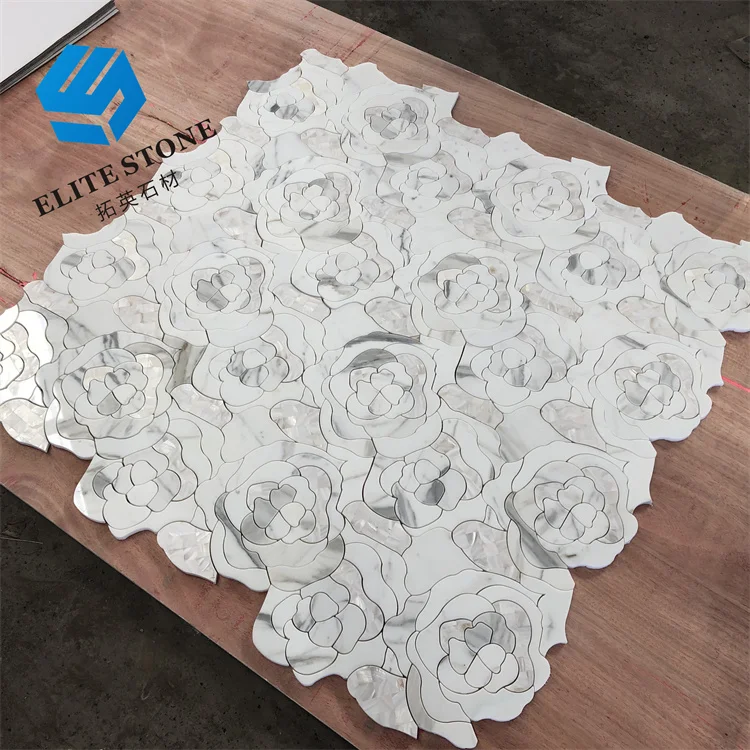 waterjet cut white marble mosaic tiles flower pattern stone mosaic for bathroom wall design