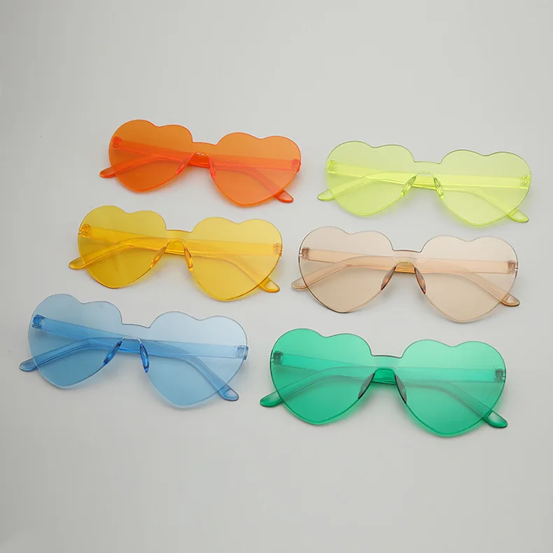 Wholesale Custom Logo Rainbow Frameless Lens Eyewear Candy Color PC Rimless Sunglasses Pink Love Heart Shaped Glass Sunglasses