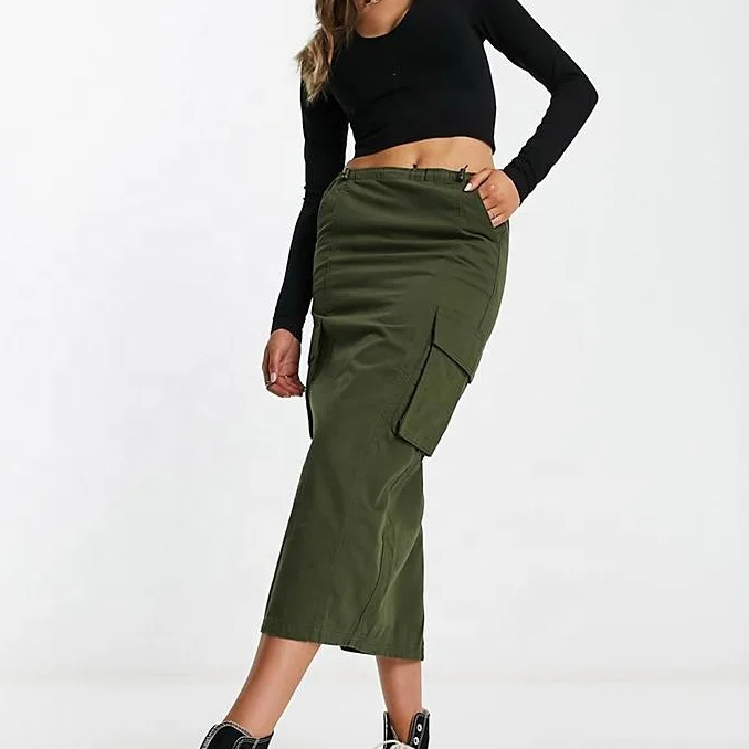Custom Casual Green Women Midi Long Cargo Skirt With Pockets