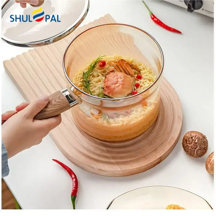 High Borosilicate Glass Kitchen cookware Clear Glass Cooking Pot with wooden Handle for one person