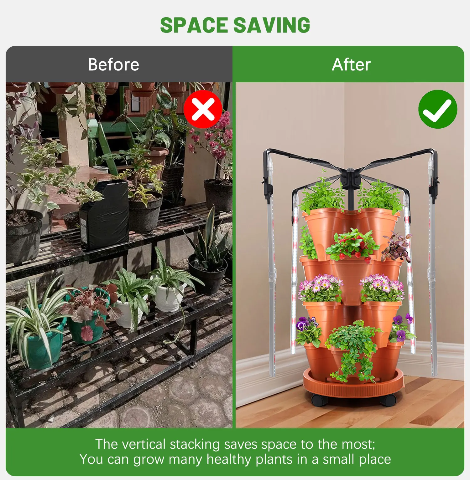 Stackable Strawberry Flower Vegetables Indoor Growing Pots Grow Tower System Vertical Garden Planters with Light