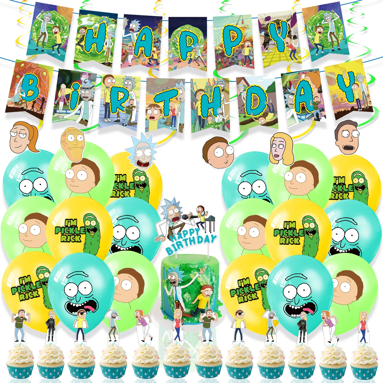 Rick And Morti Theme Birthday Party Decoration For Kids Pull Flag Latex Balloon Cake Arrangement Scene Decoration Supplies