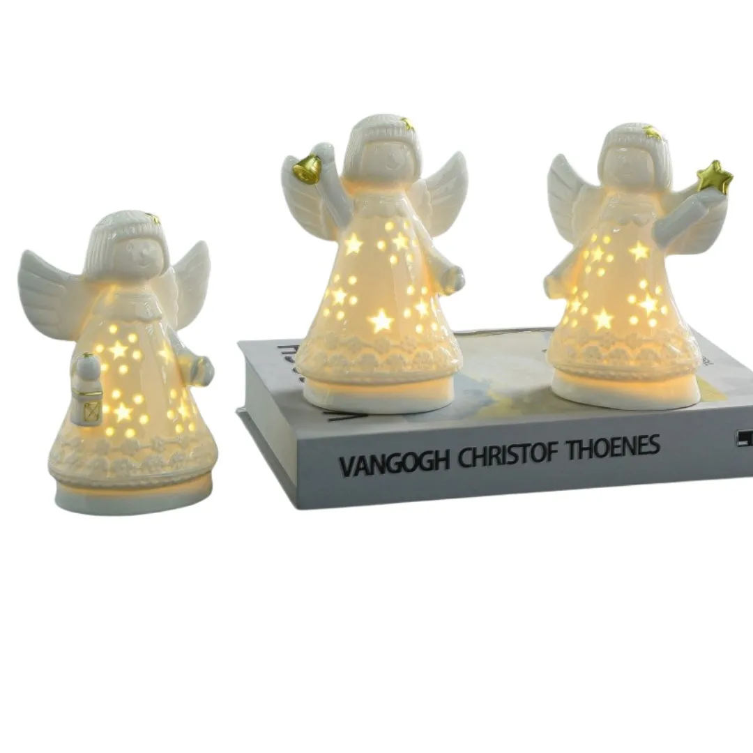 Small Ceramic Angels With Led Lighted White Ceramic Christmas Angel Figures