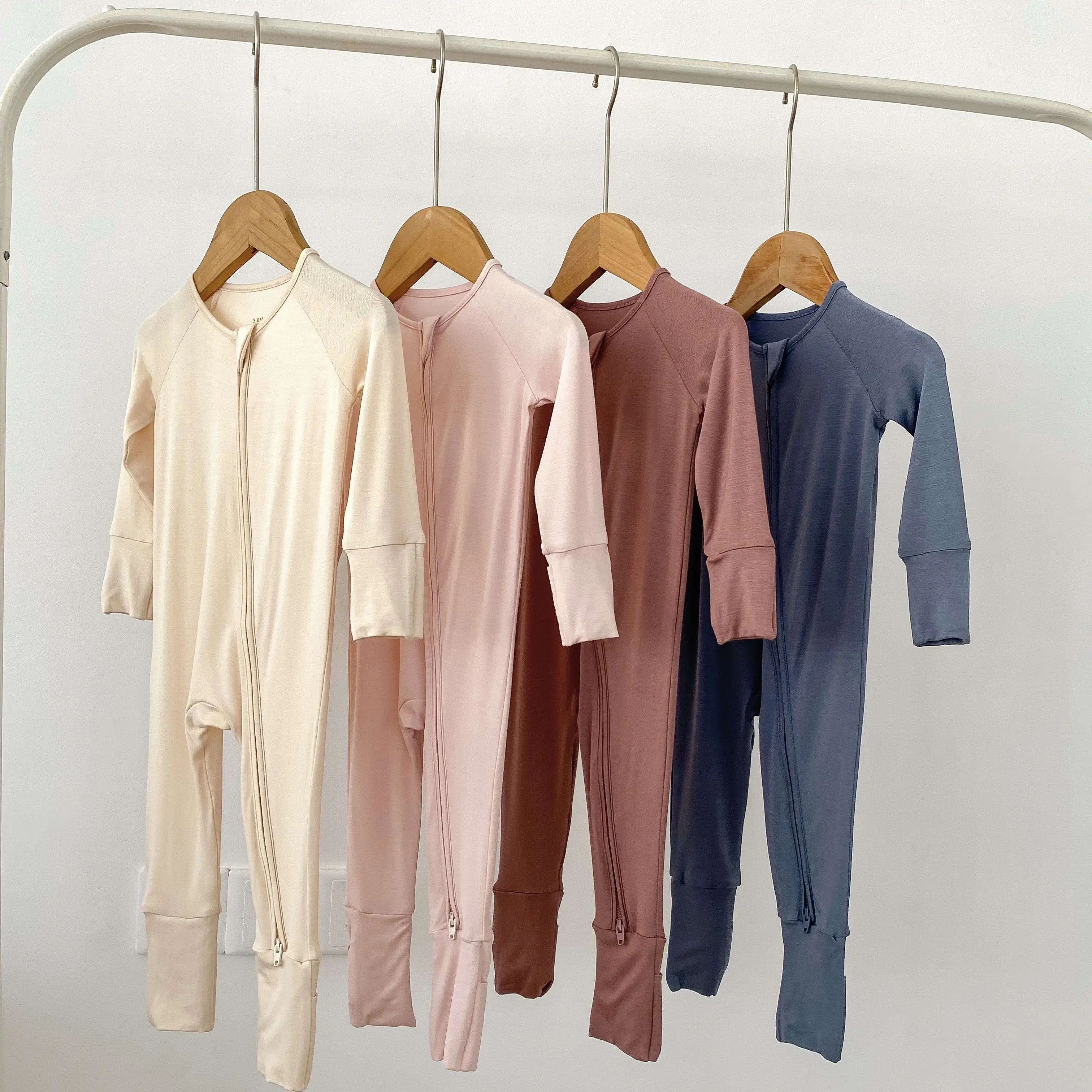 RTS Bamboo Zipper Baby Pajamas Newborn Baby Clothes Clothing Natural Fabric Plain Solid bamboo sleeper Long Sleeves