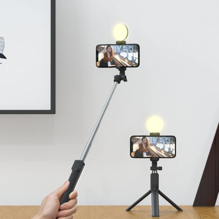 Wholesale 3 in 1 flexible foldable mini selfie stick with two led fill ring light