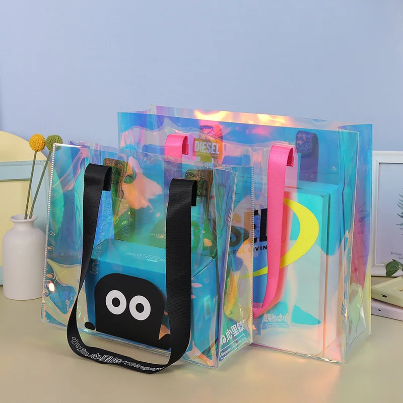 Wholesale Custom Travel Holographic Beach Bag Waterproof Plastic Laser Iridescent Women PVC Shopping Tote Bag