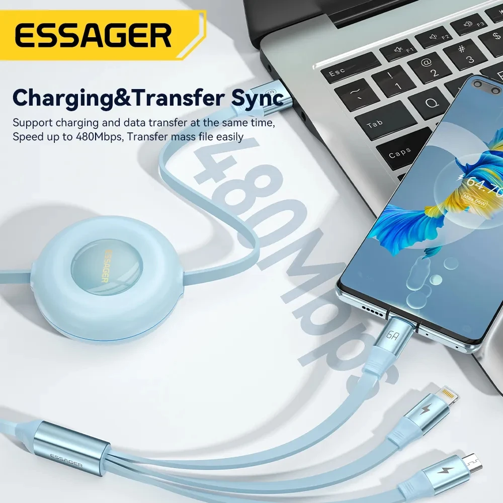 Es-ager 6A 3 in 1 USB Cable Fast Charger 66W Type C Wire Micro Data Cord For iPhone 14 Samsung Xiaomi Huawei Poco Quick Charging
