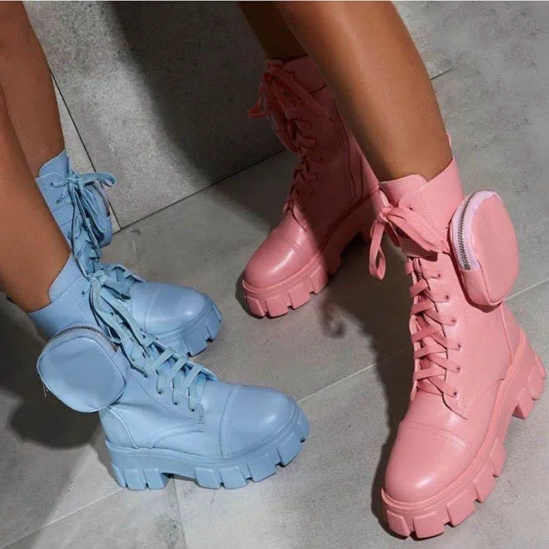 2022 New design women fashion lace-up design pink winter boots high end comfortable ladies boots with bag