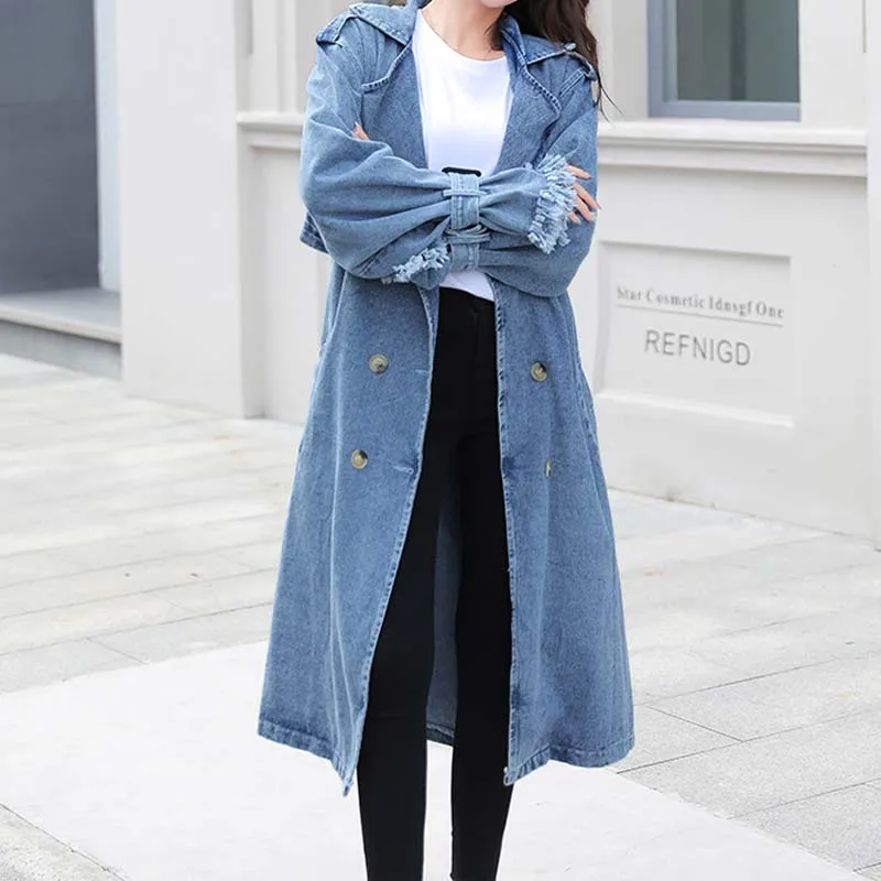 New arrival design womens long denim coat belt belt lapel ladies denim overcoat