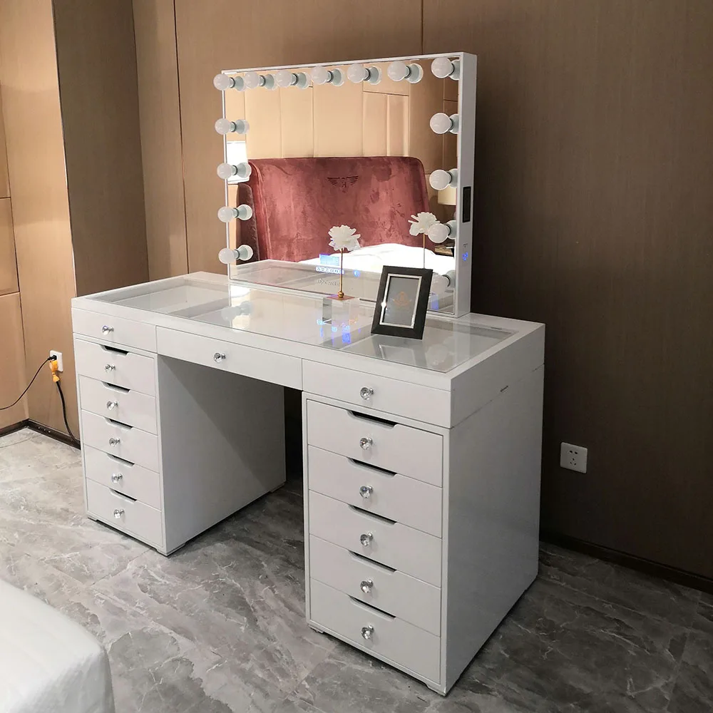 Dressing Table Set with Lighted Bulbs Mirror Wooden Hollywood Lighted Makeup Vanity Glass Docarelife Solid Salon Cosmetic Mirror
