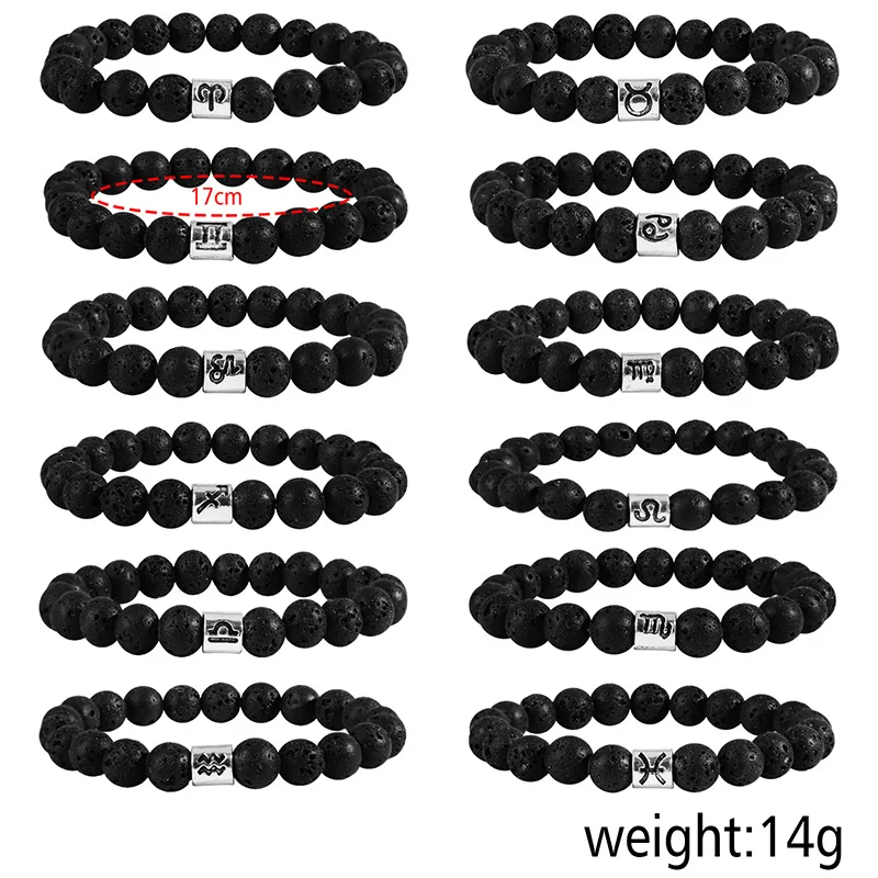 Mens Black Natural Volcanic Lava Gemstone Bracelet 8mm Natural Stone Beads Bracelet 12 Zodiac Black Obsidian Bracelet