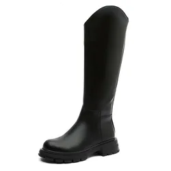 Новинка Осень-зима 2021 кожаные сапоги Детские коричневые дымчатые сапоги до колена с боковой молнией и круглым носком