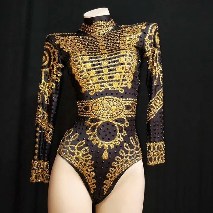 Sexy Glisten Black Gold Crystals Bodysuit Women Long Sleeves Outfit Dance Stage Show Nightclub Costume Singer nice Leotard Wear