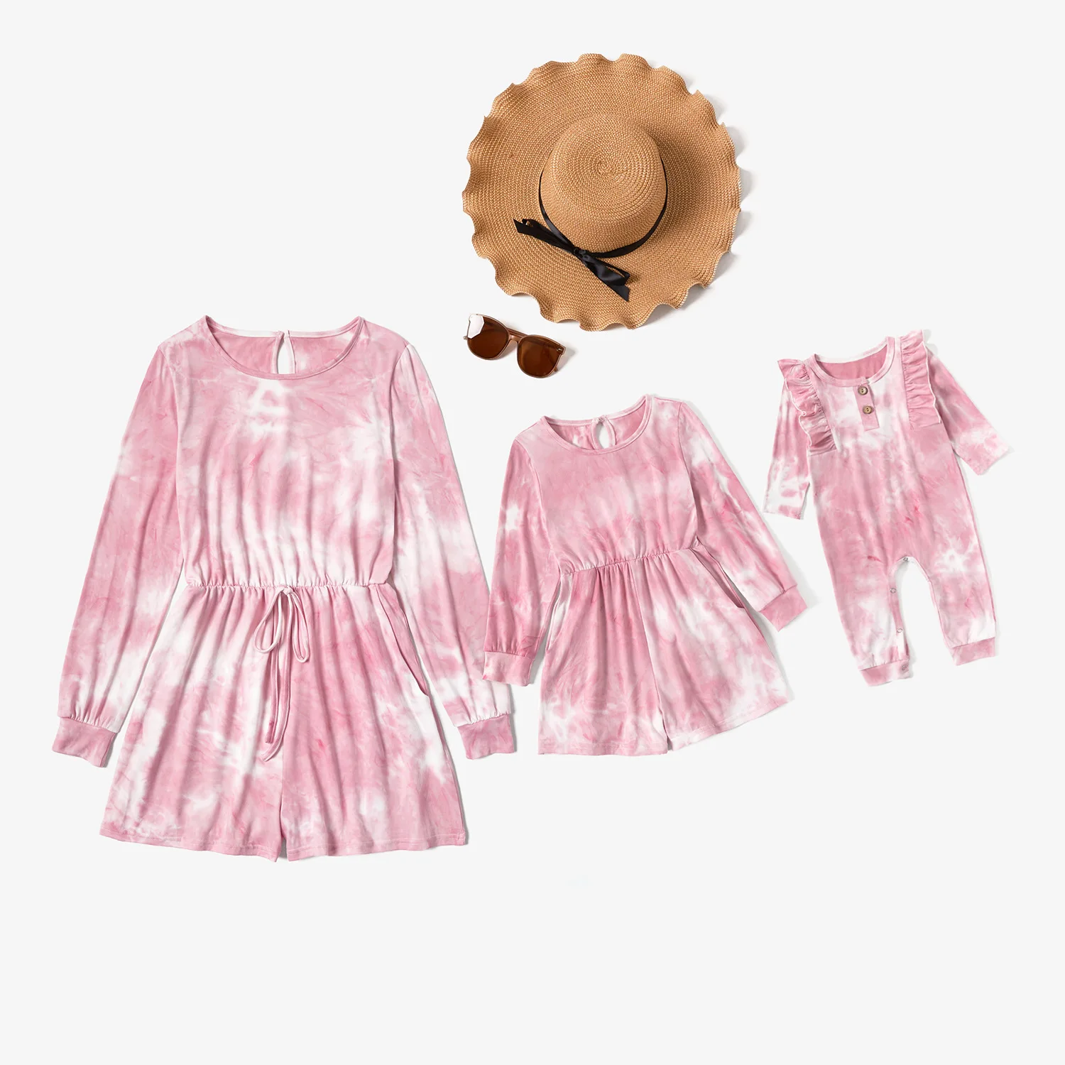 
Winter Pink Family Pajamas Sets Comfy Mommy And Baby Outfits Tie Dye Long Sleeve Crew Neck Lovely Cotton Mommy And Me Rompers 