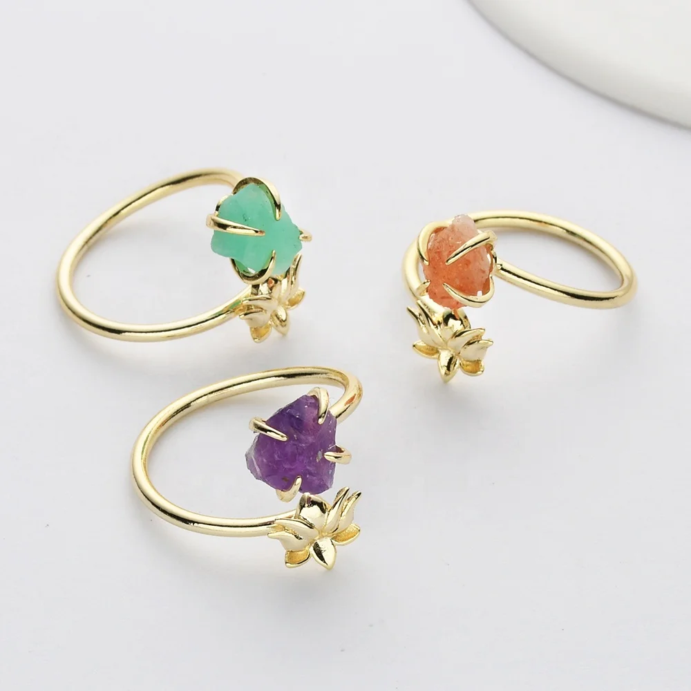 ZS0488 позолоченное регулируемое Лотос Исцеление Кристалл Ювелирное кольцо настоящий камень