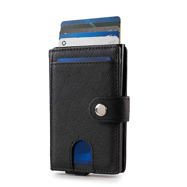Custom Genuine Leather Pop up Wallet Vintage RFID Blocking Anti Theft Automatic Aluminum Credit Card