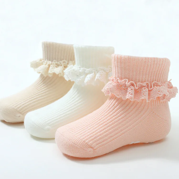 Wholesale Korean White Pink Socks Fancy Lace Infant Baby Socks for Girl Ruffle