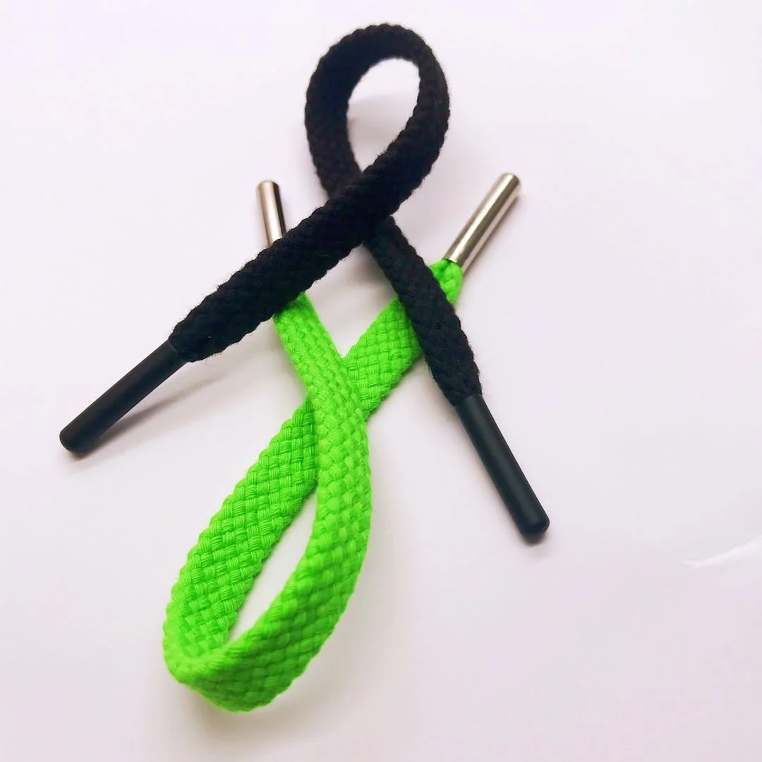 
10mm green flat cotton drawstring cord with metal tips 