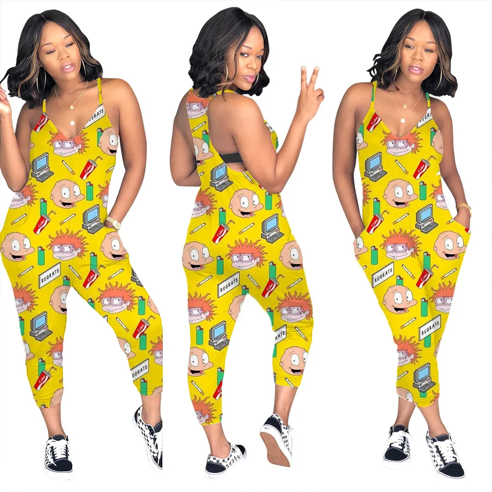 Apparel Fashion Women Rompers Sleeveless Cartoon Jumpsuit Casual Print Jumpsuit