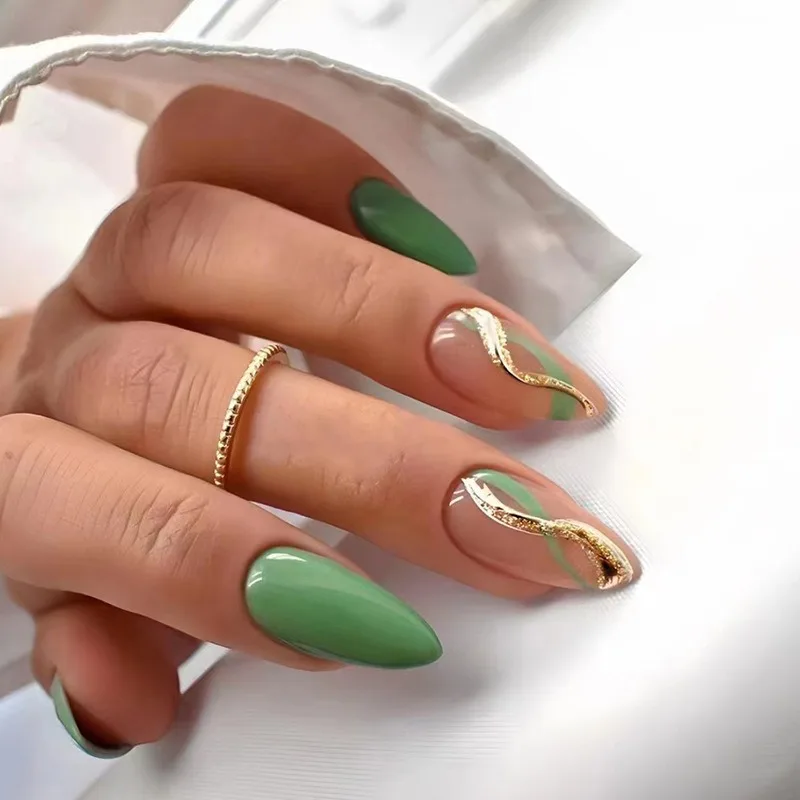 Ripple Ribbon Fashion Fake Nails Wearing Nails Gold Natural and Fresh Green Finger ABS French Full Cover Hard Gel Nail Press on