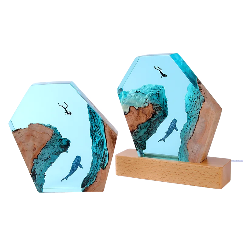 Epoxy Resin Night Light Diver And Humpback Whales Lamp Decorative Desktop Lamp Ornament For Home Office Hot Large Handmade