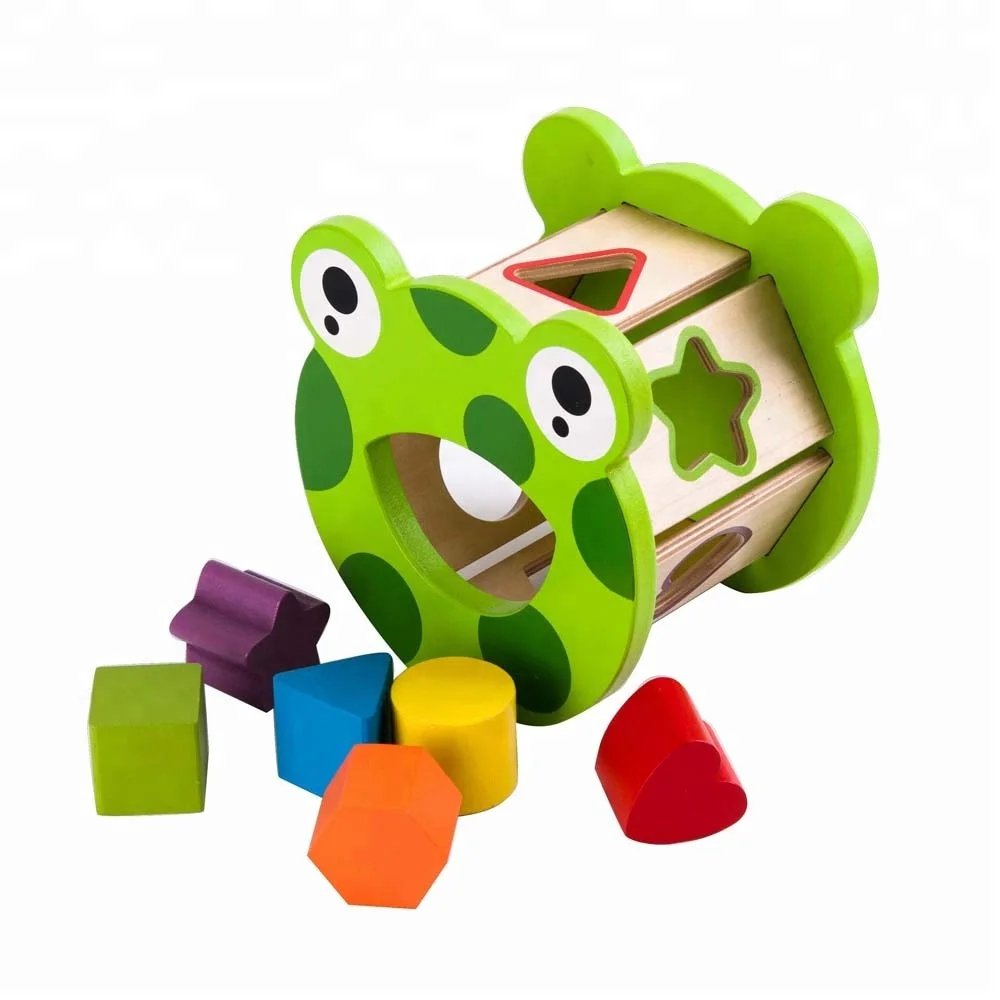 Wooden Toddler Frog Shape Puzzle Sorting Cube Toy Box Children Montessori Shape Sorter Toy