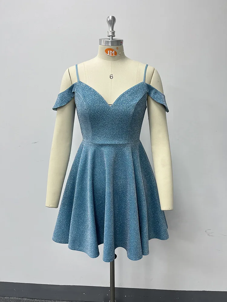 YFS hot 2023 Sparkler sleeved sexy skirt Silver line composite halter double V-neck party cocktail dress