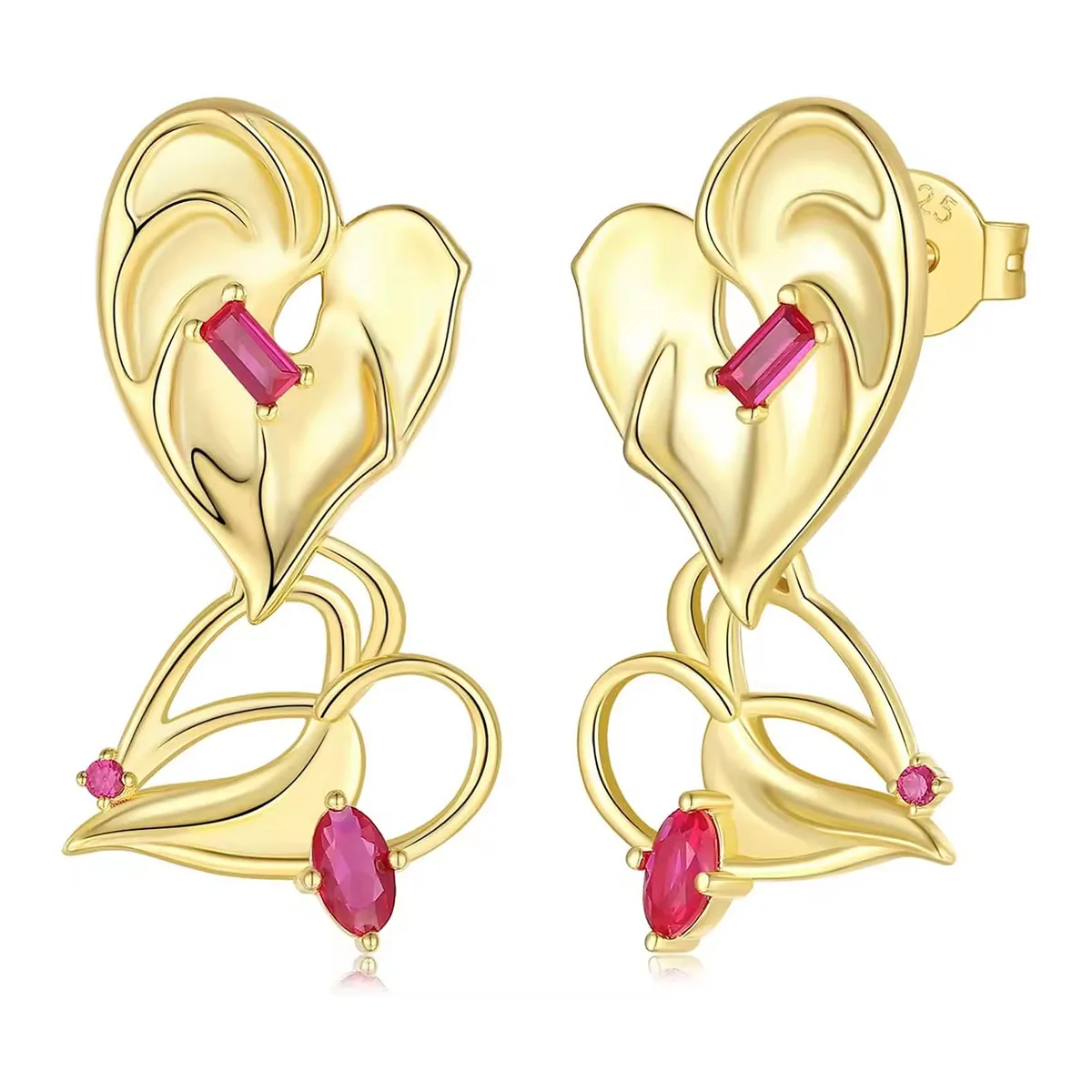 Gold Heart Anthurium-Flower Earrings 925 Sterling Silver Trendy Gold statement Earrings for Women