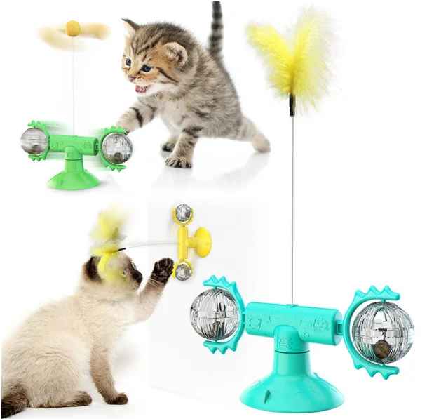 Amazon popular pet accessories carouse cat stick windmill pet toy food leakage ball toys for cats