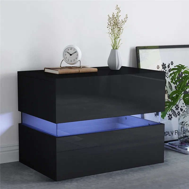 Black Bedside Cabinet Nightstand 2 Drawers White Bedside Table High Gloss LED Lights Modern Bedroom Furniture