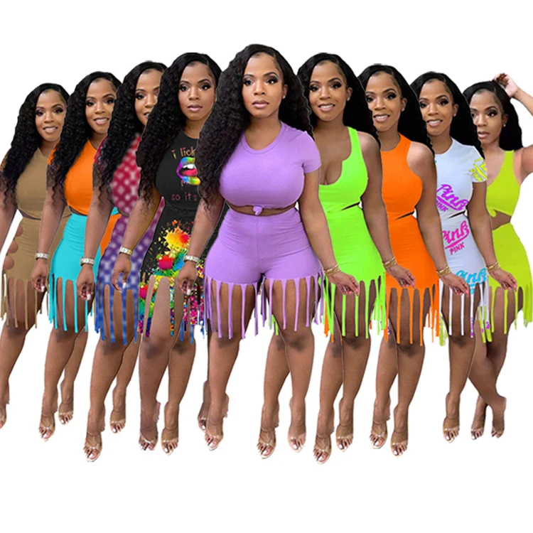 2021 new arrivals summer set women two piece shorts and crop top solid breathable long tassels biker short set women