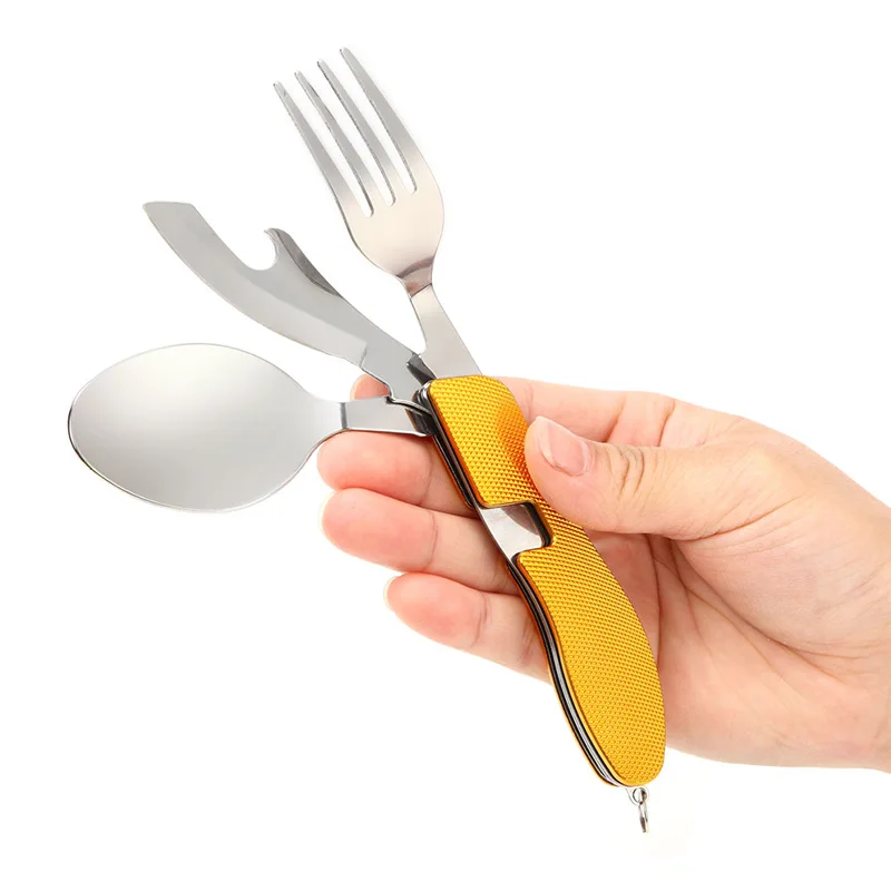 Kongbo Detachable Camping Utensils Cutlery Set Portable 4 in 1 Stainless Steel Travel Foldable Knife Fork Spoon Bottle Opener