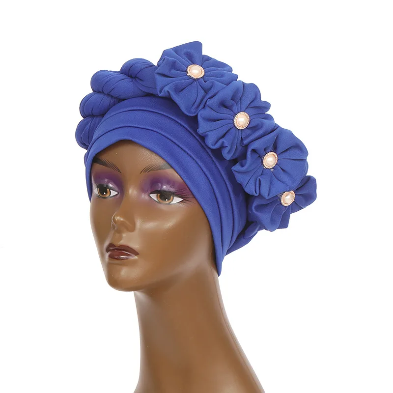 Q30687 Faux Pearl & Bow Decor Head Wrap Muslim Space Layer Hat African Nigerian Turban Gele  Braid turbans caps