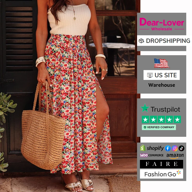 Dear-Lover Wholesale Fashion New Boho Floral Print Shirred Waist Floral Slit Maxi Long Skirts For Women