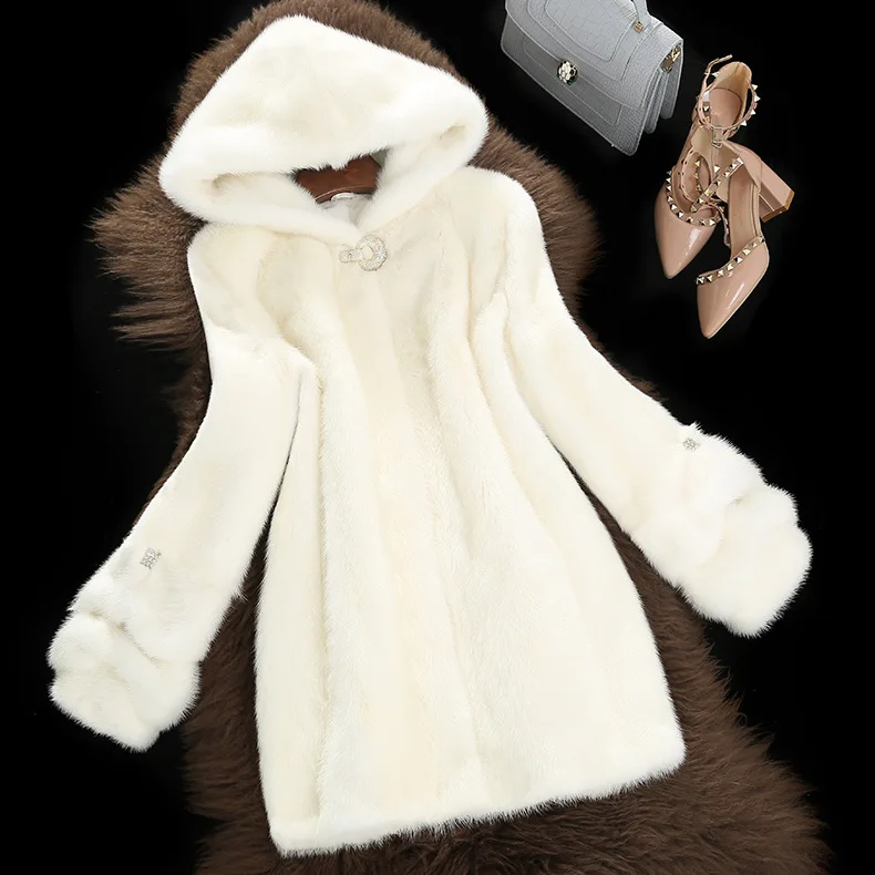 Hot Selling Artifical Mink Fur Hooded Coat Mid-Length Faux Fur Coat Mink Fur Fashion Coat