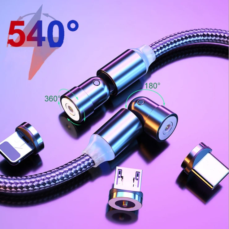 
2020 Hot Sale 1M USB Quick Charge Type-C Micro 8 Pin 3 In 1 540 Degree Magnetic USB Cable for Phone 