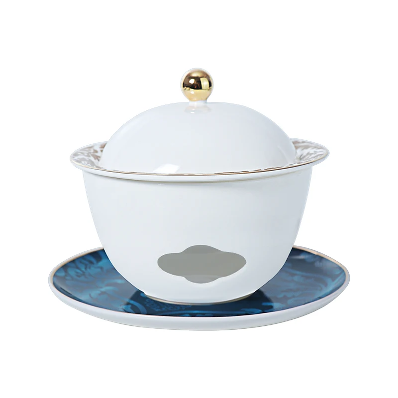 Tea Party Gold Edge Porcelain Cubilose Soup Bowl Blue Bone China Tureen For Cafe Restaurants