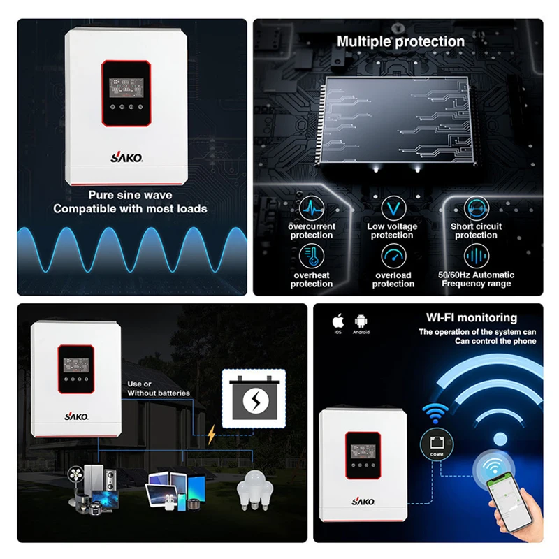 Sako Ranboer 4200W Grid Power MPPT Pure Sine Wave Solar Inverter 220V Hybrid Solar 4.2Kva Single AC Output of 4.2Kw