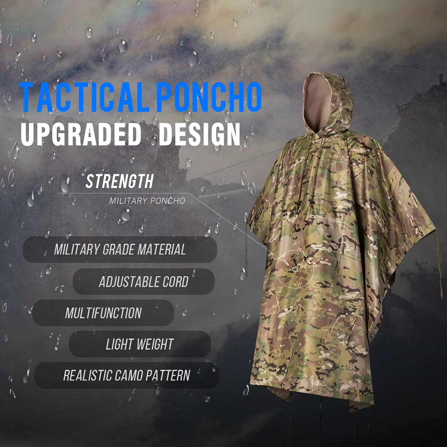 Mountain Land Custom rain poncho waterproof camouflage tactical raincoat for Camping Hiking Outdoor Hunting