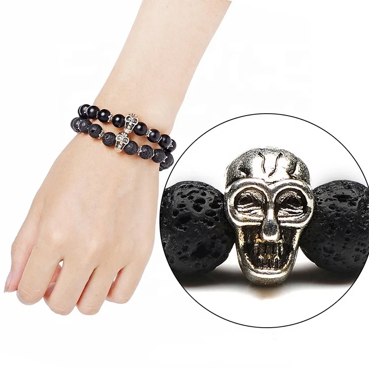 Cheaper Fashion Men Natural Gemstone Agate Stone Jewelry Lava Bracelet with Skull Charm