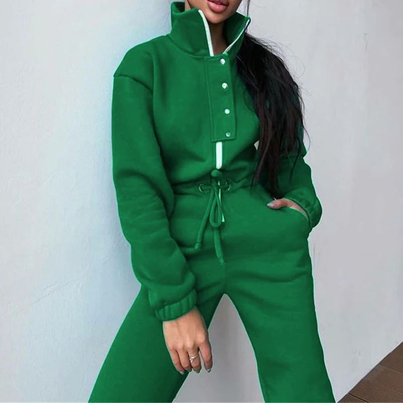 Custom Logo Casual Stand Collar Zip Jumpsuit Long Sleeve Drawstring Button Waist Jumpsuit Sportswear Jogging Sets Women