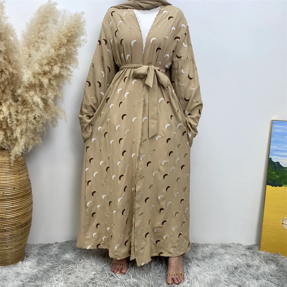 Bicomfort Ramadan New Crepe 2 Pieces Abaya Set Gold Border Pretty Moon Embroidery With Pockets Women Cardigan With Hijab 4 Color