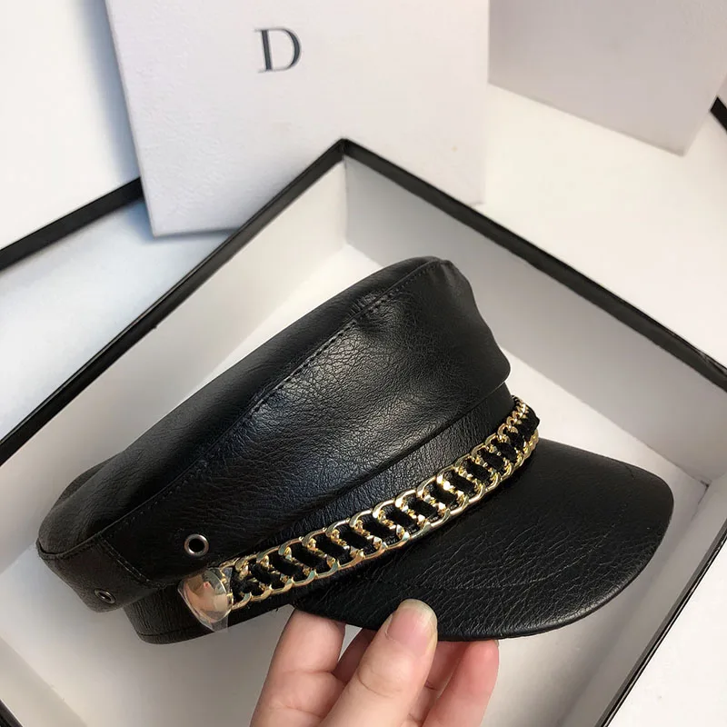 Кепка унисекс кожаная с цепочкой, Повседневная зимняя шапка темно-синего цвета для мужчин и женщин