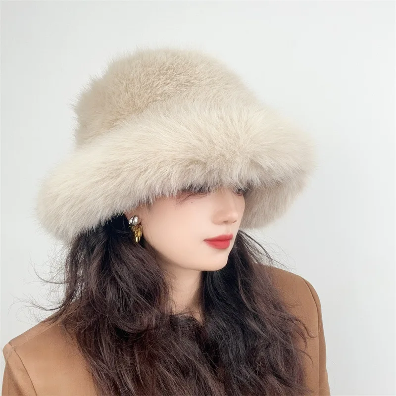 Hot Sale Outdoor Ladies Girl Furry Fluffy Designer fox cap faux fur bucket winter hat for women