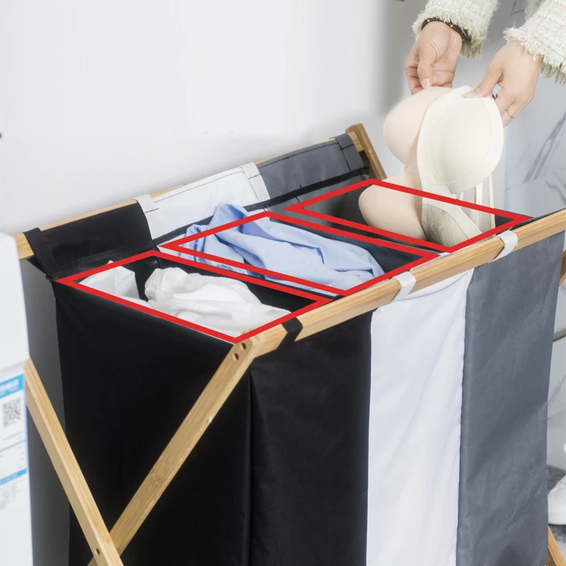 Hot selling Bamboo 3 Compartments Storage Laundry Hamper Basket Foldable Laundry Basket for Bedroom Bathroom